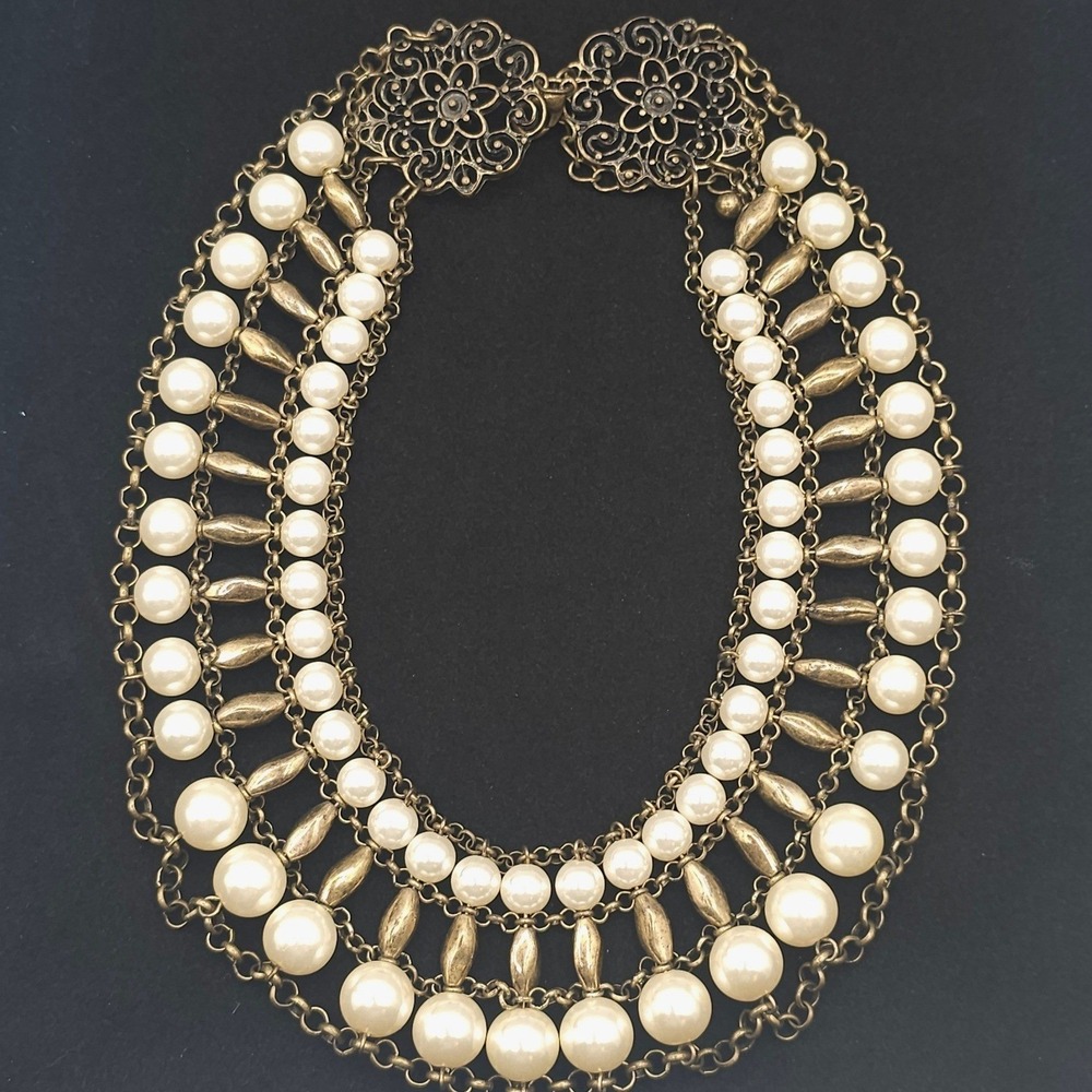 Victorian/Etruscan Revival Faux‎ Pearl Festoon Bib Necklace Antiqued Gold Tone